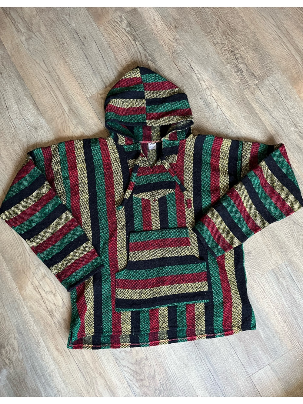 Striped Hooded Men’s Poncho in Red, Green, Black, and Gold Tones